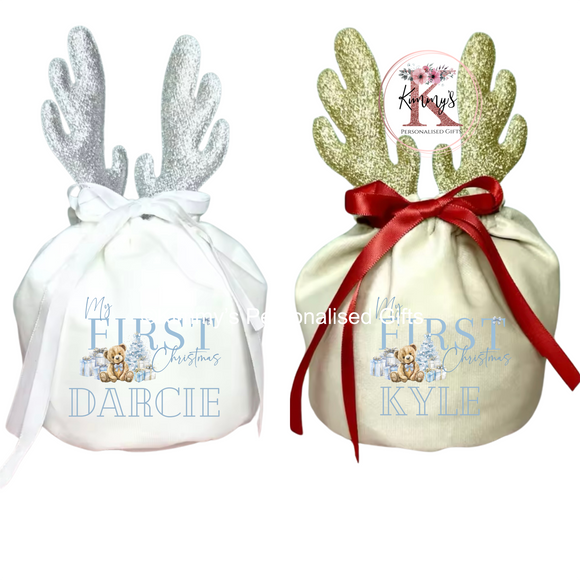 Blue First Christmas Antler Treat Bag