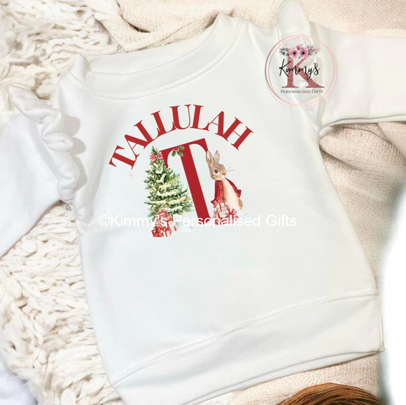 White/Pink Frill Sleeve Christmas Bunny Jumper