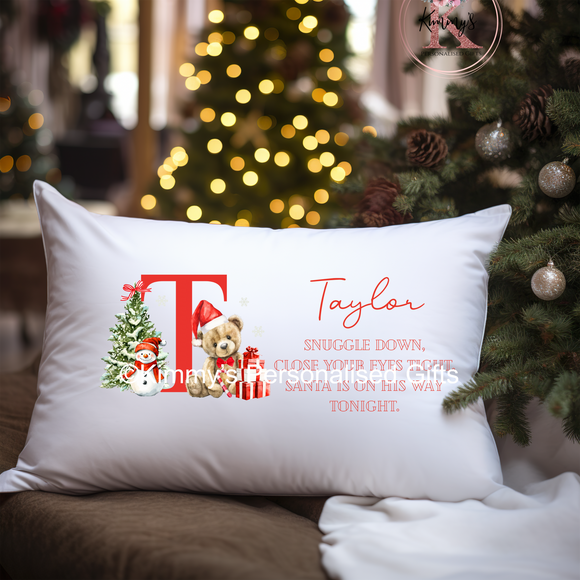 Teddy Initial Christmas Eve Pillowcase