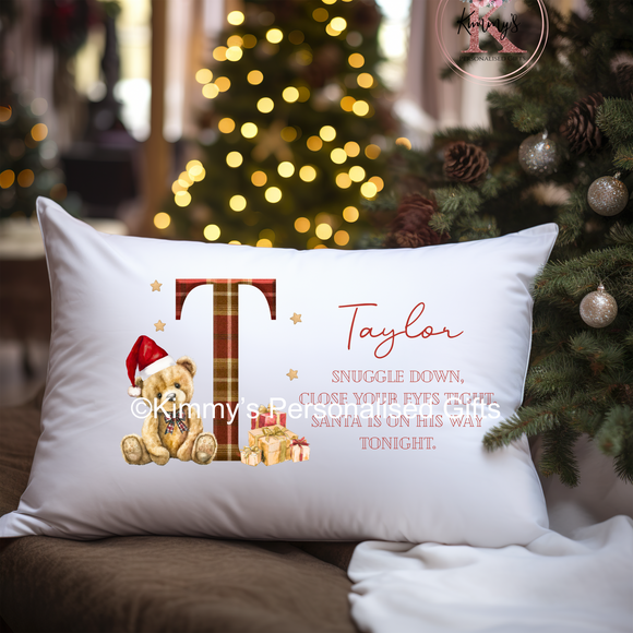 Tartan Teddy Initial Christmas Eve Pillowcase